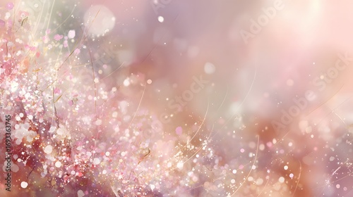 A delicate, romantic scene, filled with soft pink and beige tones, showcases sparkling details and gentle lines, evoking a serene and dreamy atmosphere.
