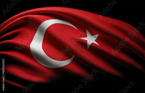 Turkish flag draped, rippling against black backdrop
