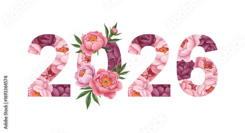 2026 Year Celebration with Pink Peonies and Floral Design png alpha channel isolated on transparent background