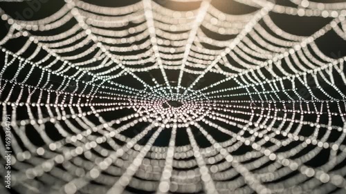 Spiderweb threads adorned with water droplets
