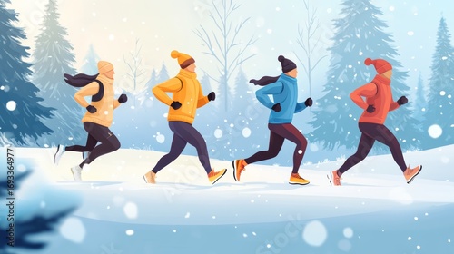 Group of runners jogging in a snowy winter landscape