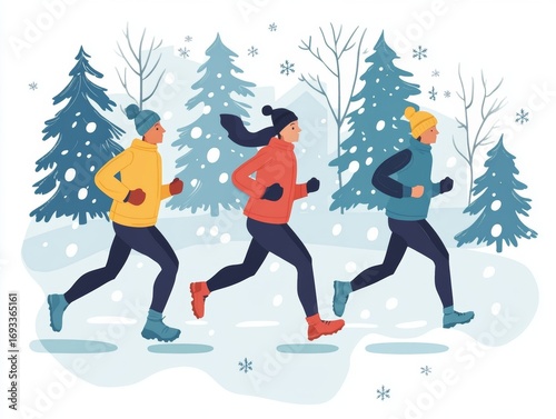 Three individuals jogging in a snowy winter landscape with evergreen trees and falling snowflakes.