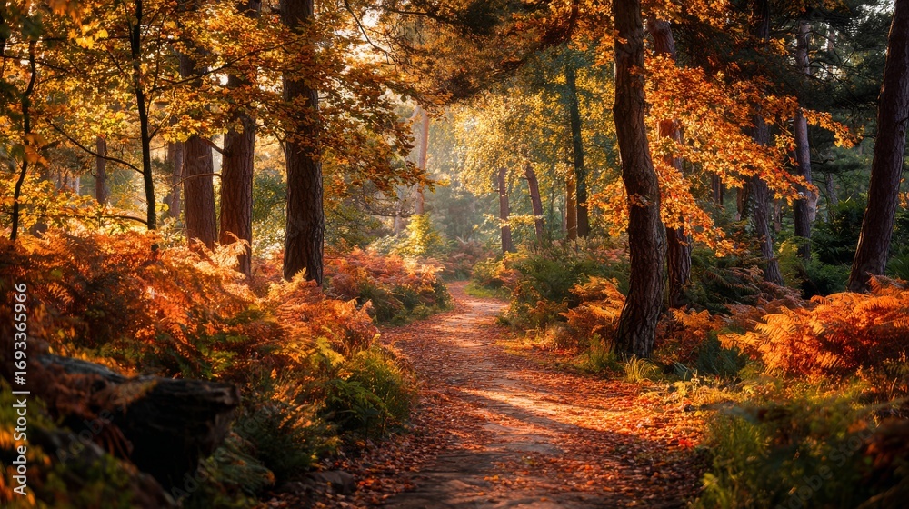 Obraz premium Scenic forest trail during autumn with golden leaves, sunlight, and tranquil atmosphere reflecting seasonal beauty, outdoor exploration, and peaceful natural environment