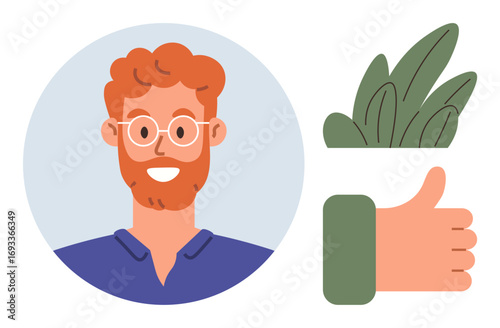 Smiling man with glasses and beard inside blue circle, green thumb-up gesture, and leafy decoration. Ideal for approval, acknowledgment, positivity, success, teamwork, feedback nature-related