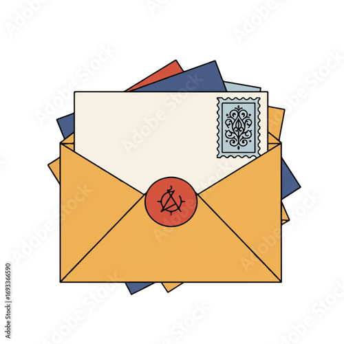 A vibrant 2D flat vector illustration of an artistic stack of colorful letters, highlighted by a prominent, intricately detailed stamp on the top envelope, isolated on a clean white background.