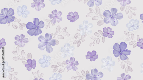 Floral seamless pattern featuring scattered Cape leadwort flowers and translucent leaves against a soft solid gray background