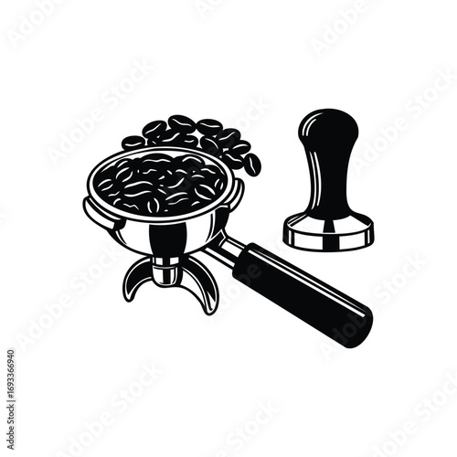 Coffee portafilter with beans and tamper illustration in black and white style