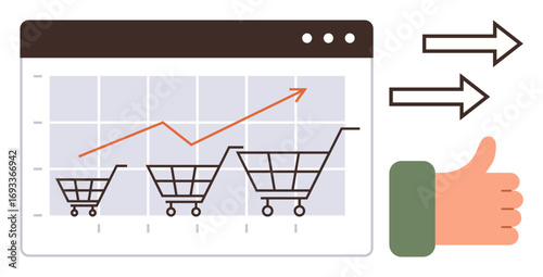 Shopping carts on a graph with upward trend line, arrows symbolizing transactions, and a thumbs-up gesture. Ideal for e-commerce, market analysis, sales strategy, growth, approval, online business