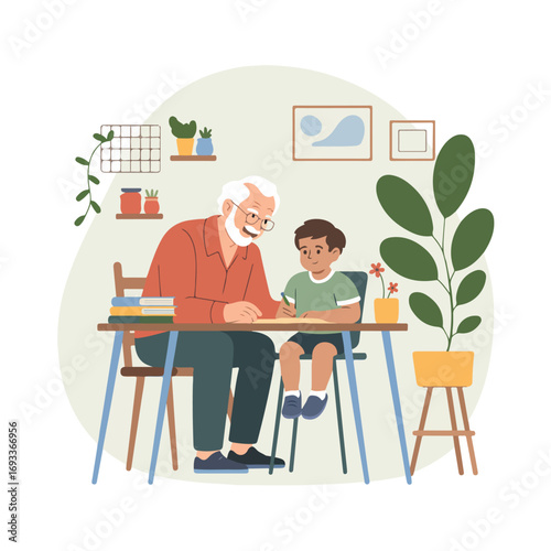 Grandfather helping his grandson with homework