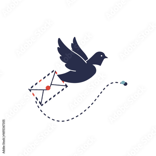 A whimsical 2D flat vector illustration depicts a letter elegantly transforming into a graceful bird in flight, symbolizing the journey and delivery of mail, isolated on a clean white background.