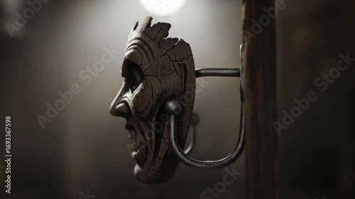 Wooden mask door knocker cracked face metal handle dark setting