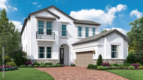 Modern two-story home with landscaped garden, sunny sky, and inviting driveway, showcasing contemporary design