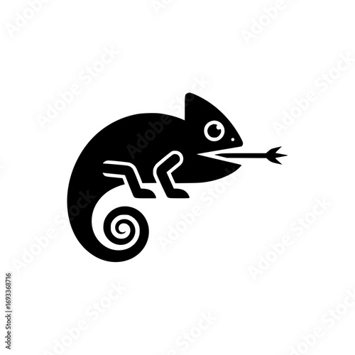 chameleon with curled tail and extended tongue representing reptile and adaptability.