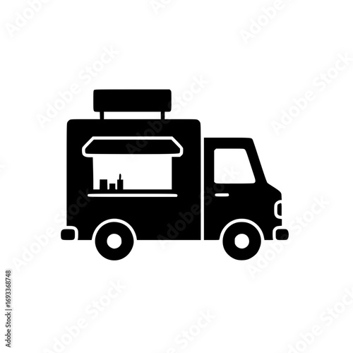 Black silhouette vector of food truck vehicle with service canopy representing fast food vendor and street cafe.