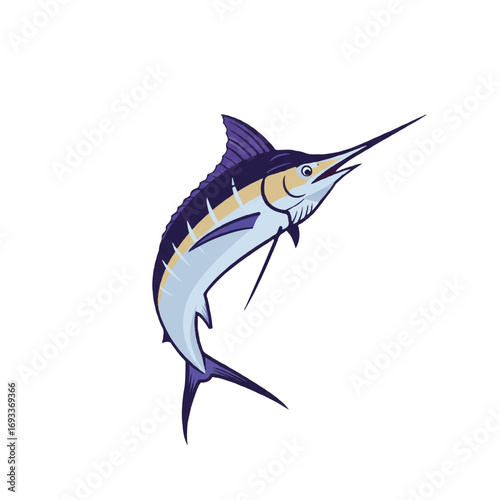 A sleek and powerful marlin is dynamically captured in a minimalist 2D flat vector illustration, showcasing its speed with clean lines and solid colors, isolated on a pure white background.