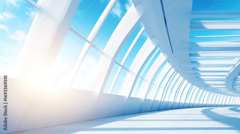 Obraz premium Modern architectural interior showcasing curved glass walls with bright sunlight and blue sky