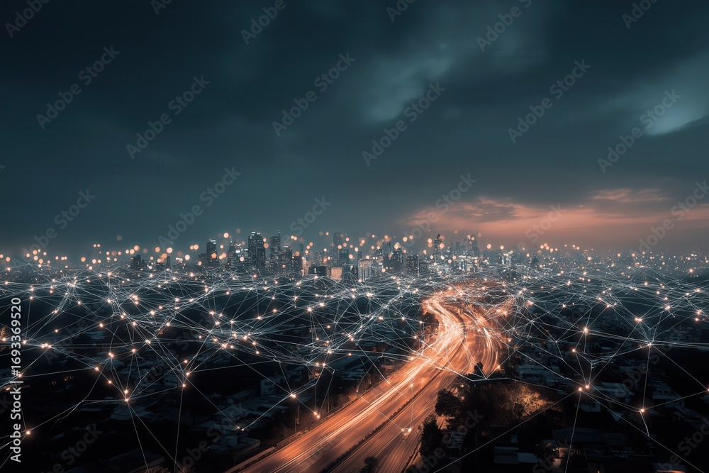 Fototapeta premium A vibrant city skyline at dusk, interconnected with glowing lines, symbolizing technology and connectivity.