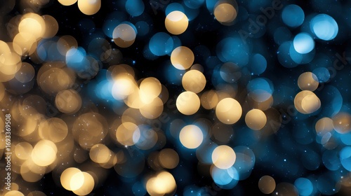 Abstract bokeh lights in blue and gold create a vibrant background for festive or celebratory themes