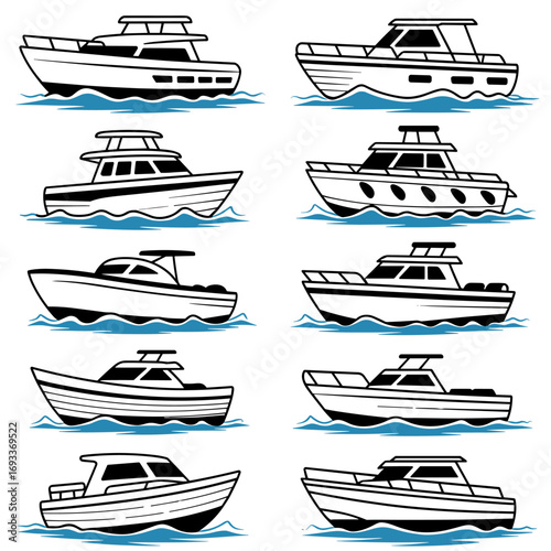 Variety of boats illustrated in different styles floating on water, showcasing unique designs black & white blue water colors