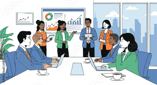 Business Professionals Engaged in a Strategy Meeting Analyzing Charts and Discussing Company Growth