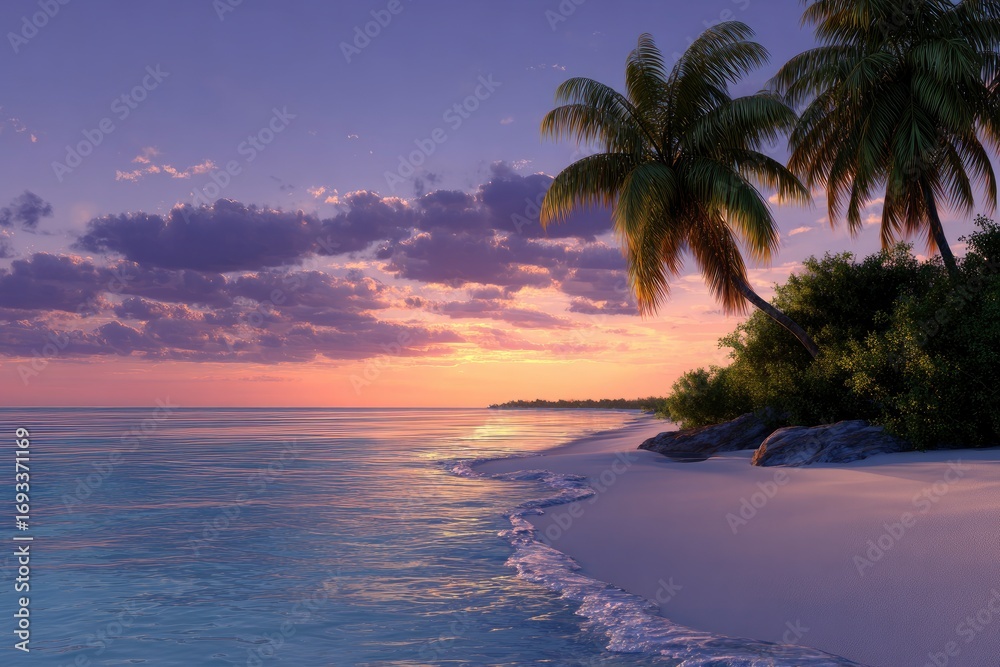 Fototapeta premium A tranquil beach scene with palm trees a soft sunset and gentle waves washing ashore