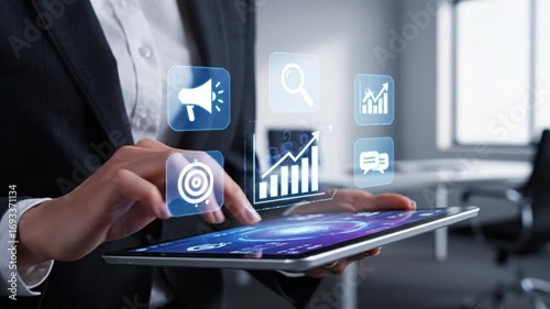 Marketing strategy and digital advertising concept. businessman using tablet with icons of SEO, AI, targeting, and analytics for optimizing campaign performance and increasing customer engagement