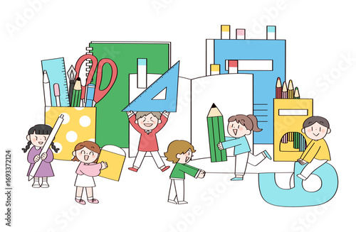 子供たちと文房具のイラストセット
