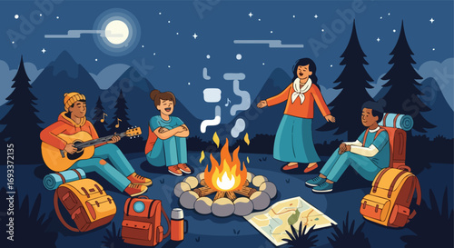 A group of friends or a family camping at night with a bonfire, playing guitar and looking at a map.