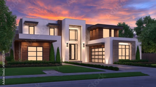 Modern residential house at sunset with vibrant sky, showcasing sleek architecture and landscaping