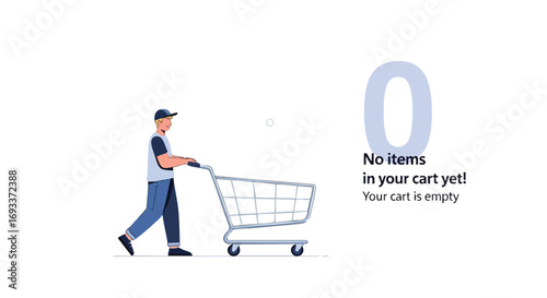 An illustration of an empty shopping cart and a man with a message stating there are "No items in your cart yet!".