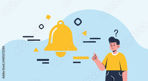 A man looking confused or unsure about a notification or bell icon.