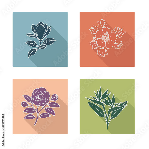 Adobe Illustrator Artwork Subtropic illustrations of four flower types framed on decorative squares, suitable for botanical designs, stationery, or interior decor projects.
