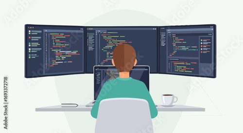 A software developer or programmer writing code on multiple computer monitors in a home office.
