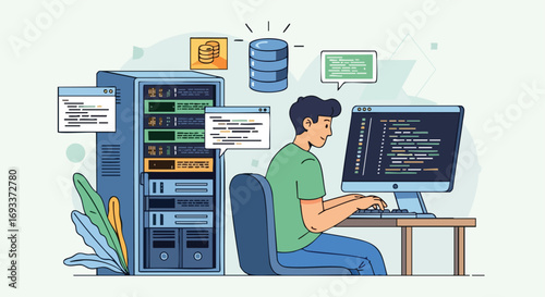 WebA male system administrator or database developer working on a server and computer.