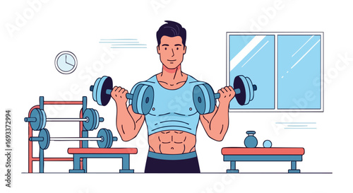 A muscular man doing a bicep curl with dumbbells in a gym.