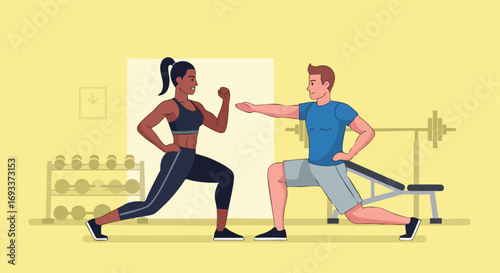 A male personal trainer guiding a female client through a lunge exercise in a gym.