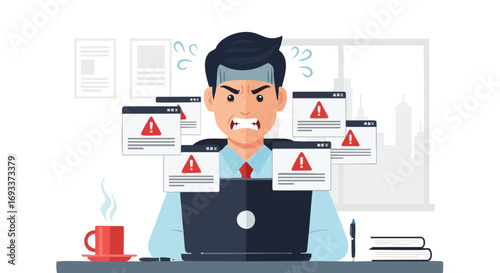 An angry and stressed businessman surrounded by multiple error pop-up windows on his laptop.