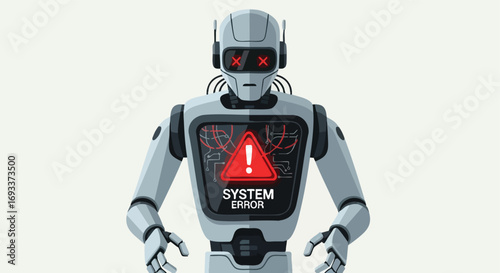 An AI robot with a 'System Error' message and a red warning sign on its chest.