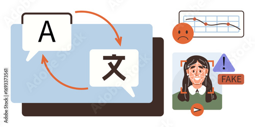 Language translation arrows, analysis chart, deepfake AI detection of human expressions. Ideal for AI, language tools, cybersecurity, technology, digital ethics, communication responsible tech