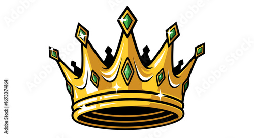 Download this vector PNG of a majestic golden crown adorned with sparkling green gems, ideal for adding a regal touch to your designs.