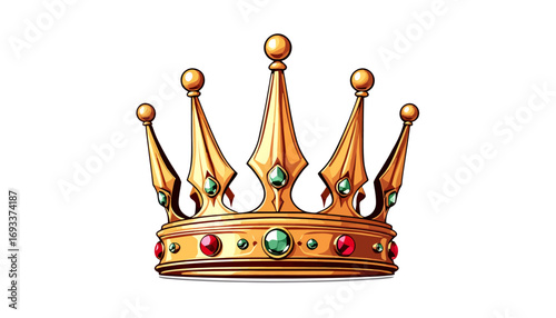 Elegant golden crown adorned with colorful jewels, symbolizing royalty and power, presented as a versatile vector graphic for design projects.