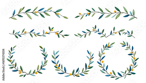 Elegant watercolor olive branches and wreaths, perfect for decorative borders and naturalistic design elements, presented in PNG format.