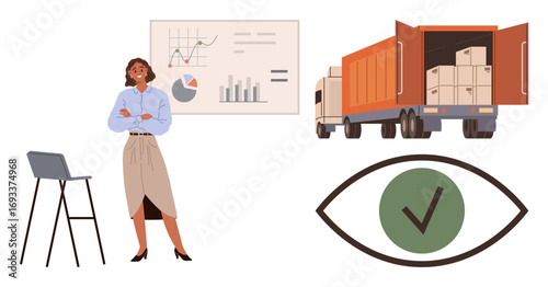Confident woman presenting charts, delivery trucks with cargo, quality assurance icon. Ideal for logistics, business planning, shipping, data analysis, distribution, transportation simple flat