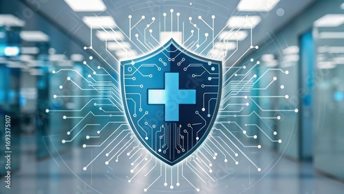 AI threats healthcare systems glow digital shield, blue cross center, cyber defense network, data security risk awareness hospital corridor