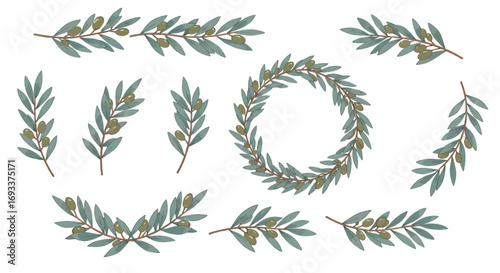 Vector illustration of olive branches and wreaths, perfect for adding a touch of elegance and nature to your designs.  Download this PNG set for your projects, including logos, cards, and more.