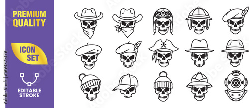 Icon set of skull heads wearing different hats collection of linear icons with skulls in cowboy hat, pilot helmet, beret, pirate hat, fedora, beanie, cap, diver helmet