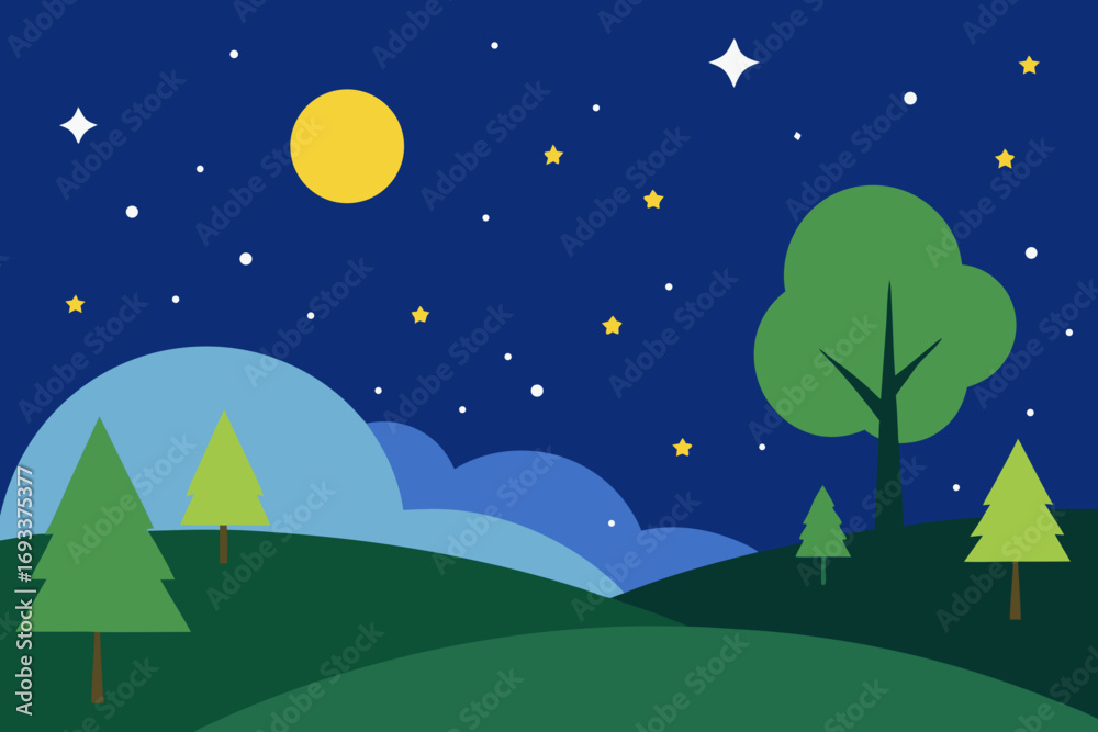 Fototapeta premium Stylized night landscape with moon and stars over rolling hills and trees