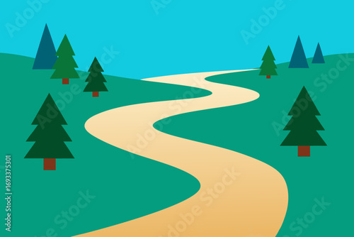 Stylized winding path through a green hillside with pine trees and blue sky