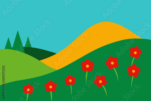 Vibrant abstract landscape with rolling green hills and red flowers under a blue sky