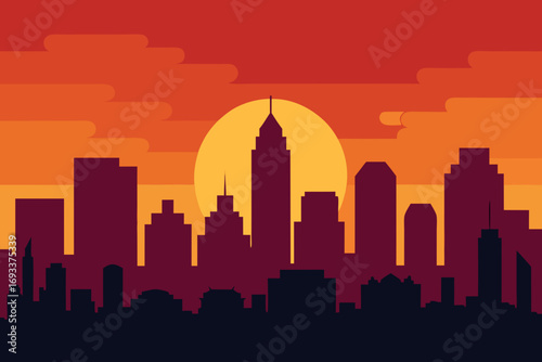 Flat design cityscape silhouette against a vibrant orange sunset with a large yellow sun